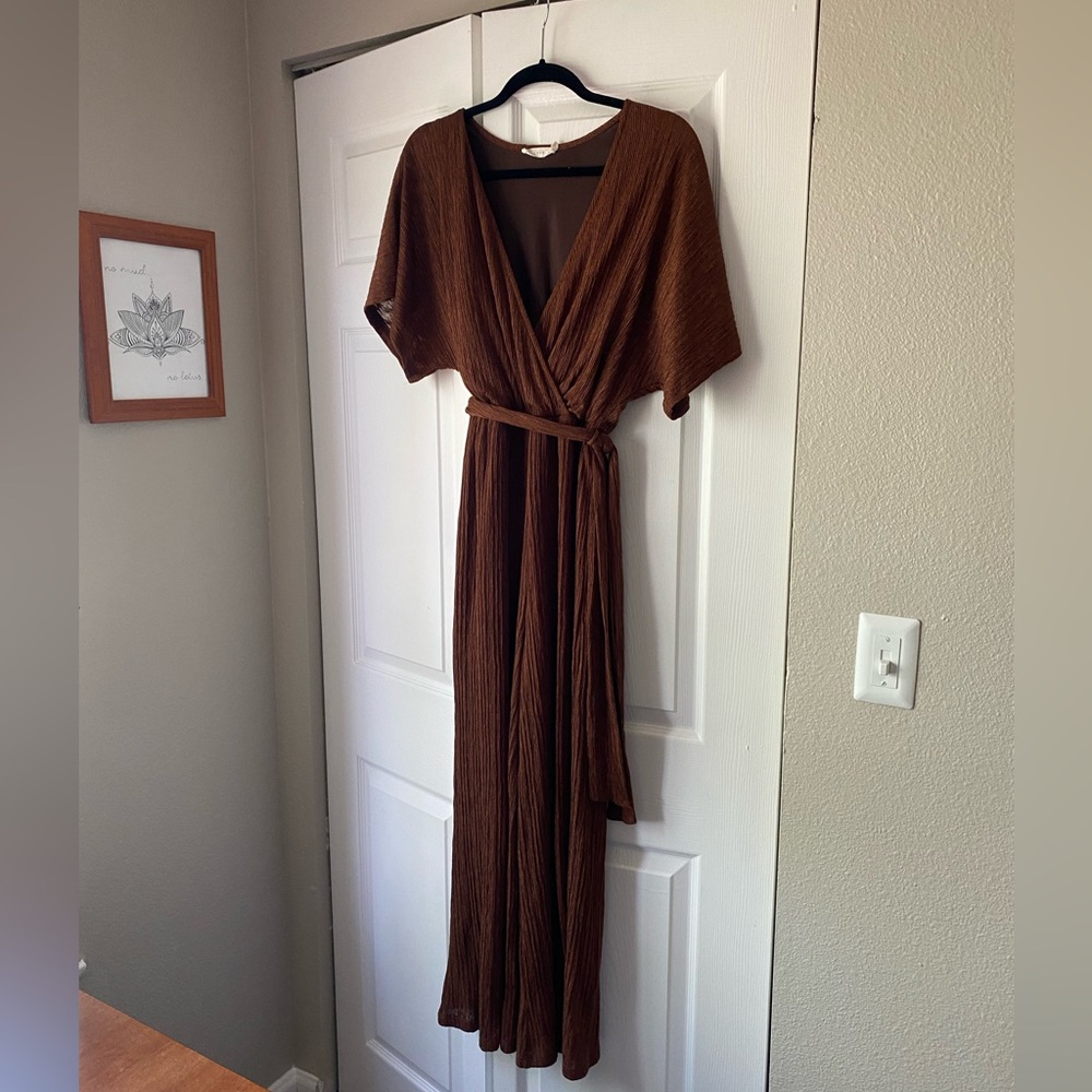Lush Brown Short Sleeve Jumpsuit with Belt